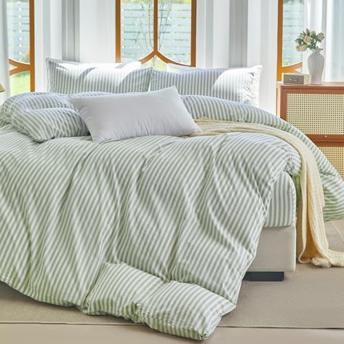 Sage Green Striped Duvet Cover Set King 100% Washed Cotton Linen Feel