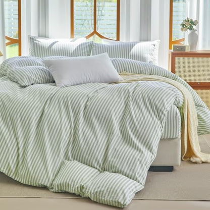 Sage Green Striped Duvet Cover Set King 100% Washed Cotton Linen Feel