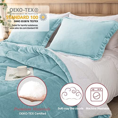 Sherpa Comforter Set Full Queen Size, Smoke Blue Bedding Set with Shams