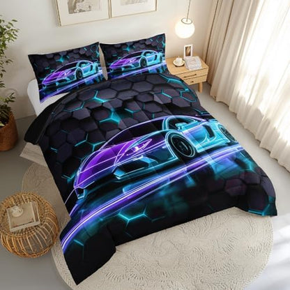 HOSIMA Race Car King Bedding Set Gaming Comforter with 2 Pillowcases.