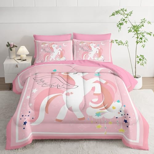 7Pcs Comforter Set Cartoon Pink Unicorn Printed Bedding Set with 1 Comforter,1 Flat Sheet,1 Fitted Sheet and 4 Pillowcases for Boys and Girls Bedroom All Season(Queen)