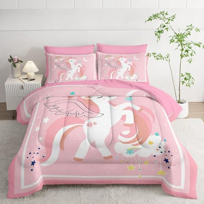 7Pcs Comforter Set Cartoon Pink Unicorn Printed Bedding Set with 1 Comforter,1 Flat Sheet,1 Fitted Sheet and 4 Pillowcases for Boys and Girls Bedroom All Season(Full)