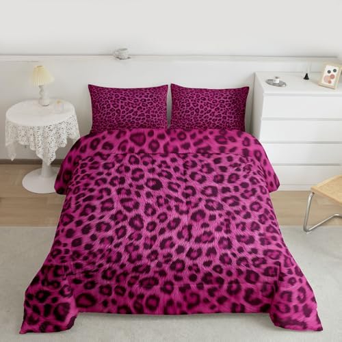 jejeloiu Pink Leopard Comforter Set Queen Size Animal Skin Bedding Set for Kids Boys Girls Animal Print Duvet Quilt Bedroom Decor Microfiber 3 Pcs with 2 Pillow Cases