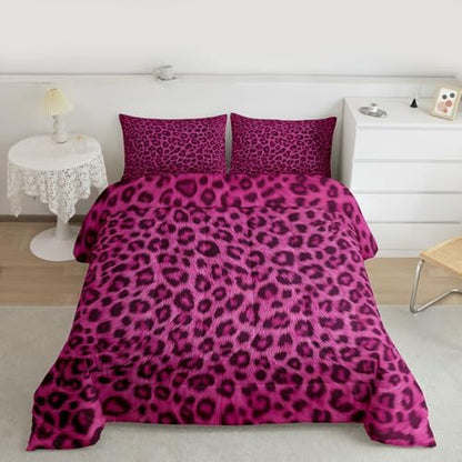 jejeloiu Pink Leopard Comforter Set Queen Size Animal Skin Bedding Set for Kids Boys Girls Animal Print Duvet Quilt Bedroom Decor Microfiber 3 Pcs with 2 Pillow Cases