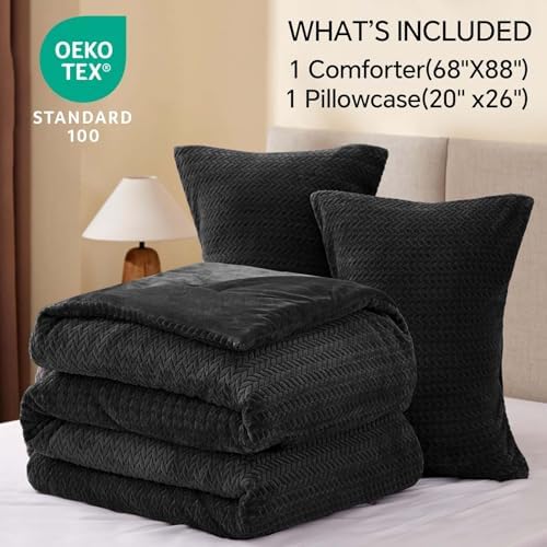 ChiXpace Fleece Twin Size Comforter Set Black, Fluffy Bed Set 2 Pieces