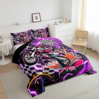 Erosebridal Racing Motorcycle Twin Comforter Set for Boys,Purple Neon Lights Honeycomb Bedding Set Dirt Bike Motocross Quilt Moto Extreme Sports Duvet Insert,Black White Lattice Buffalo Plaid Decor