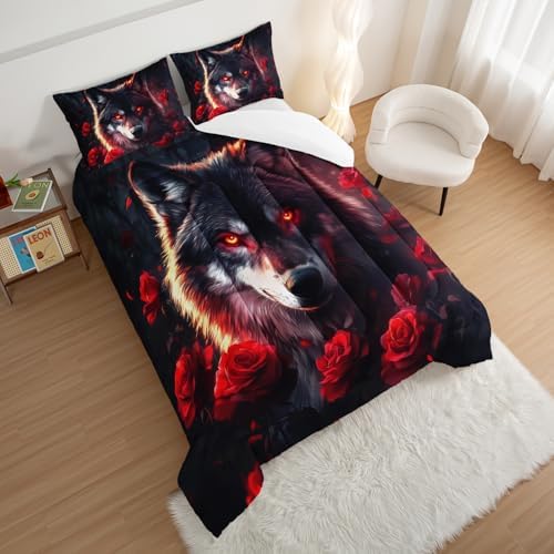 HOSIMA Floral Wolf Queen Comforter for Boys Room Decor with 2 Pillowcases.