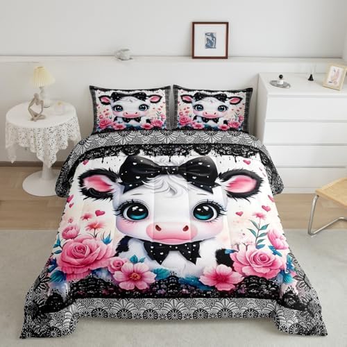 Feelyou Kids Cute Highland Cow Comforter Set King Size Cartoon Highland Cattle Bowknot Bedding Set Boys Girls Flowers Floral Printed Quilt Set Black Lace Pattern Bed Set