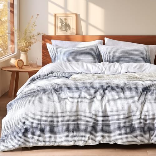 PHF Yarn Dyed Waffle Comforter Set 3 Pieces Queen, White and Navy Blue