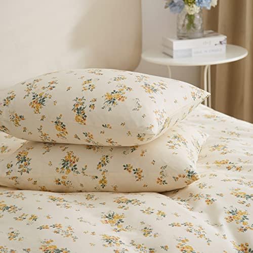 mixinni Aesthetic Floral Duvet Cover Set King Size, Farmhouse Boho Yellow Flowers Leaves Cute Bedding Set for Women, 1 Soft Cotton Chic Duver Cover and 2 Pillowcases for All Seasons-King Size