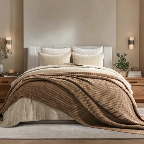 EVERGRACEHOME Chunky Chenille Knit Throw Blanket, 90 x 90, Camel Brown