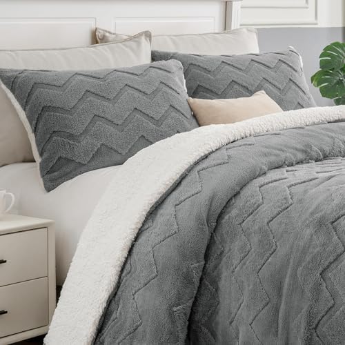 BEDELITE Fluffy Sherpa California King Comforter Set,Grey