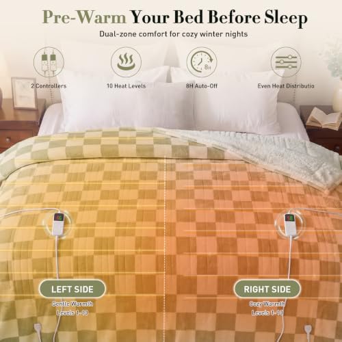 Electric Blanket Heated King Size, 90"X100" Dual Control, Sage Green