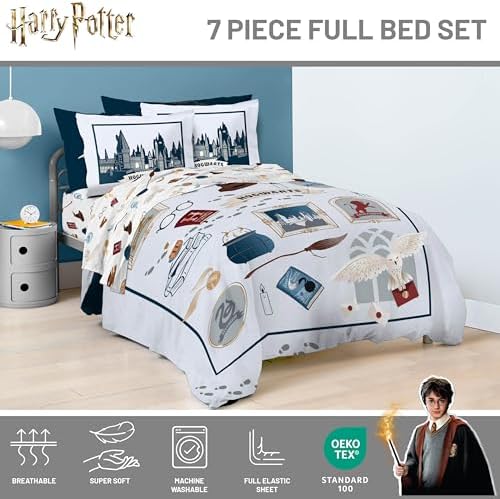 Harry Potter Full Comforter Set 7 Piece Soft Hogwarts Bedding, Grey