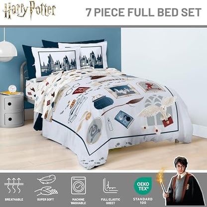 Harry Potter Full Comforter Set 7 Piece Soft Hogwarts Bedding, Grey