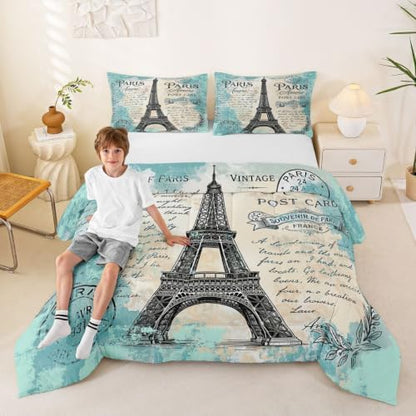 Feelyou Eiffel Tower Comforter Girls Women Bedding Set King Size