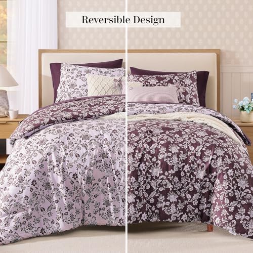 BLOOMHAVEN King Size Comforter Set-7 Pieces Purple Floral Bed in a Bag King