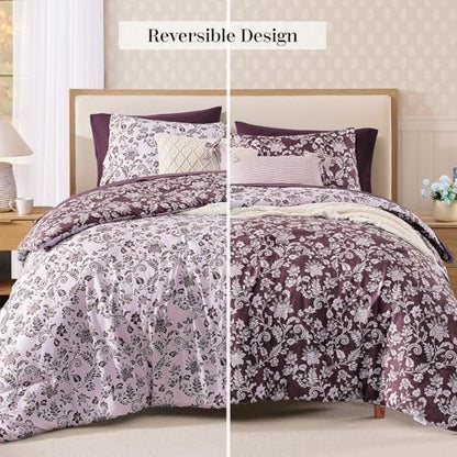 BLOOMHAVEN King Size Comforter Set-7 Pieces Purple Floral Bed in a Bag King
