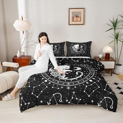 Black White Cat Comforter Set Queen,Gothic Star Sky Moon Constellation Bedding Set 3pcs for Kids Teens Boy Girls Room Decor,Animals Flower Plants Quilt Set Exotic Gothic Duvet Insert,2 Pillowcases