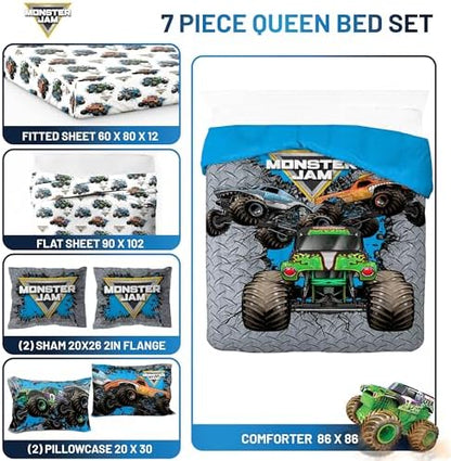 Monster Jam Queen Comforter Set 7 Piece Kids Bedding for Boys, Gray