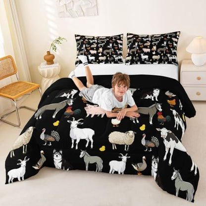 Feelyou Farm Animal Comforter Set Toddler Size Farm Theme Bedding Set for Kids Boys Girls Cute Animal Duvet Quilt Cartoon Bedroom Decor 2 Pcs with 1 Pillow Cases