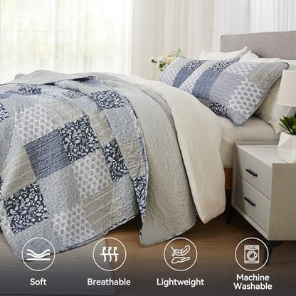 Cozyholy Navy Blue Gray King Size Quilt Set, 3 Piece Quilted Bedspread Set Patchwork Plaid Bedding Comforter Set Reversible Lightweight Microfiber Bed Spread Coverlet Set for All Seasons