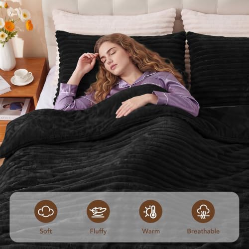 HYLEORY Fluffy Queen Comforter Set 3 Pieces - Fleece Fluffy Soft & Warm Plush Black Comforter Sets, Luxury Fuzzy Bedding Sets, All Season Heavy Bed Set Queen Size with 2 Pillowcases