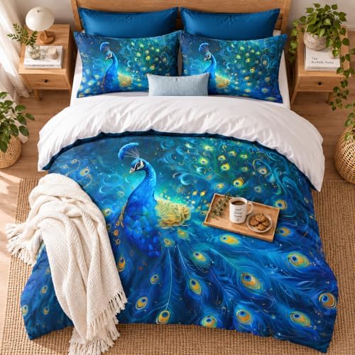 CCoutueChen King Size Peacock Comforter Sets,Blue Animal Feather Comforter for Adult Women Bedroom Decor, Victorian Bird 3 Pcs 2 Pillowcases, 104''x90''