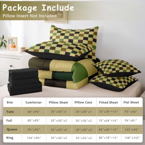Checkered Retro Comforter Set King Size 7 Pieces Hunter Green Plaid Bedding Set for Kids Boys Girls Geometric Camo Army Bed in a Bag Modern Hunting Groovy Aesthetic Bedroom Decor Quilted Lightweight