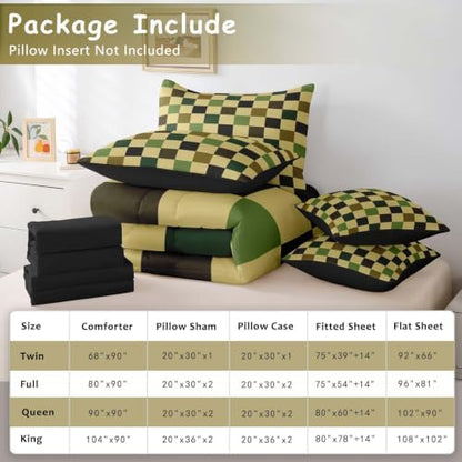 Checkered Retro Comforter Set Full Size 7 Pieces Hunter Green Plaid Bedding Set for Kids Boys Girls Geometric Camo Army Bed in a Bag Modern Hunting Groovy Aesthetic Bedroom Decor Quilted Lightweight