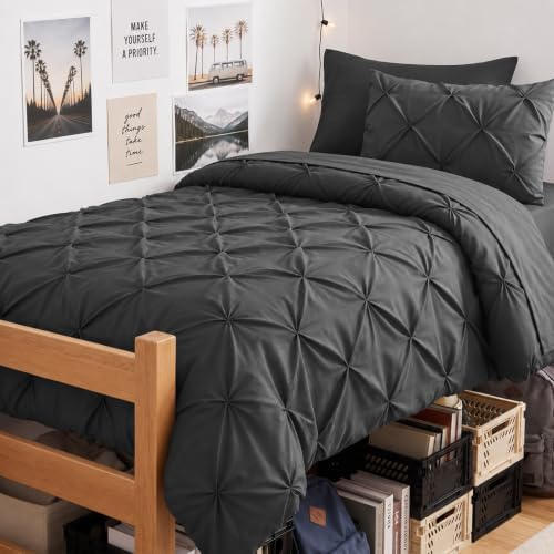 CozyLux Twin XL Comforter Set Dark Grey, 5 Pieces Pintuck Bed in a Bag