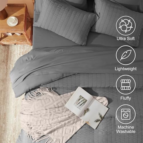 Laojin Balhen Twin Comforter Set 5 Pieces, Dark Grey Seersucker Bed in a Bag Set Twin Size, All Season Luxury Bedding Sets with Comforter, Sheets, Pillowcase & Sham