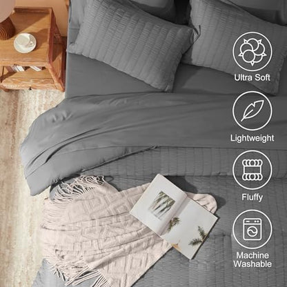 Laojin Balhen Twin Comforter Set 5 Pieces, Dark Grey Seersucker Bed in a Bag Set Twin Size, All Season Luxury Bedding Sets with Comforter, Sheets, Pillowcase & Sham