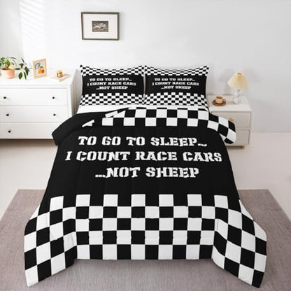 Castle Fairy Black and White Comforter Set Racing Car Bedding Set for Kids Girls Women Adults Geometric Grid Comforter Extreme Sports Quilted Duvet Set Bedroom Collection Twin Size 2Pcs