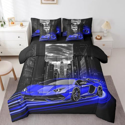Feelyou Blue Race Car Comforter Set with Sheets King Size Kids Speed Sports Car 7 Pieces Bedding Set for Boys Girls Teens Racing Car Bed in a Bag Extreme Sports Street Bed Set Gothic Modern City