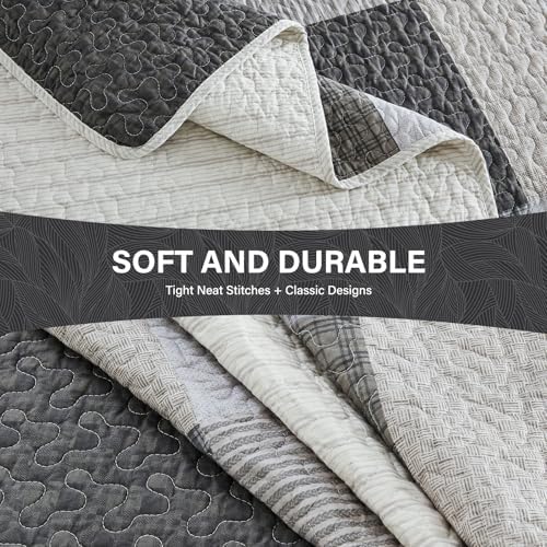 SahSahCasa 120"x120" 100% Cotton Oversized California King Quilt Bedspread Coverlet Set, Patchwork Plaid Cal King Quilted Bedspread Extra Large Quilt, XL Bed Spread Lightweight Comforter, Gray