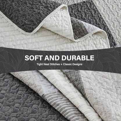SahSahCasa 120"x120" 100% Cotton Oversized California King Quilt Bedspread Coverlet Set, Patchwork Plaid Cal King Quilted Bedspread Extra Large Quilt, XL Bed Spread Lightweight Comforter, Gray