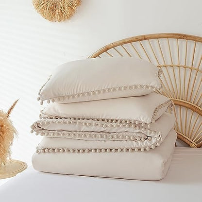 YIRDDEO Twin Comforter Set, Beige Ball Pom Fringe Bedding Set 2 Pieces
