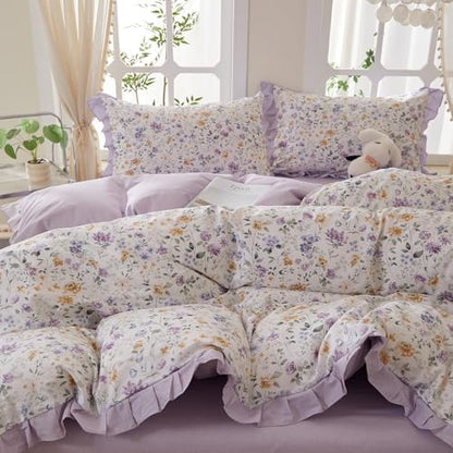 mixinni Floral Duvet Cover Set King Size, 100% Cotton 3-Piece Bedding Set with Ruffled Lace, Reversible Lavender Wildflower Ruffle Design, Soft Aesthetic Cottagecore Duvet Cover with Zipper Closure