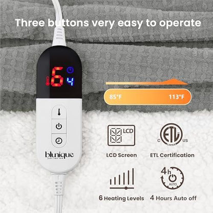 Heated Blanket Electric Throw Waffle, 50x60 Inches Sherpa Fleece Fast Heating Blanket 6 Heating Levels & 4 Hours Auto Off ETL Certification, Grey Throw