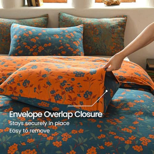 BISELINA 100% Cotton Muslin Duvet Cover Set King, 3 Pcs Yarn-Dyed Jacquard Textured Reversible Floral Design, Soft and Breathable Bedding Set with Zipper Closure, Floral Blue Orange