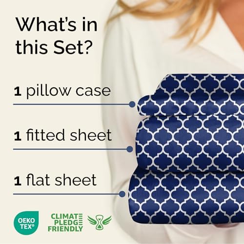 Twin 3 Piece Striped Sheet Set - Breathable & Cooling - Navy Quatrefoil