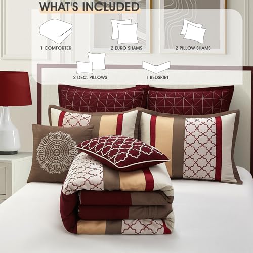 LANCO MODERN LIFESTYLE California King Comforter Set, Berry Taupe Bedding Set, Jacquard Woven with Embroidery, 8 Pieces Bed in a Bag, Bed Skirt, Shams and Decorative Pillows