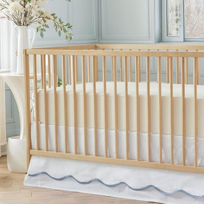Brandream Scallop Edge Cotton Crib Skirt Toddler Bedskirt Baby Nursery Crib Bed Skirt 2-Tiered Boho Bohemian Neutral Solid Color Cream Off White with Blue Edge Farmhouse Chic Skirt