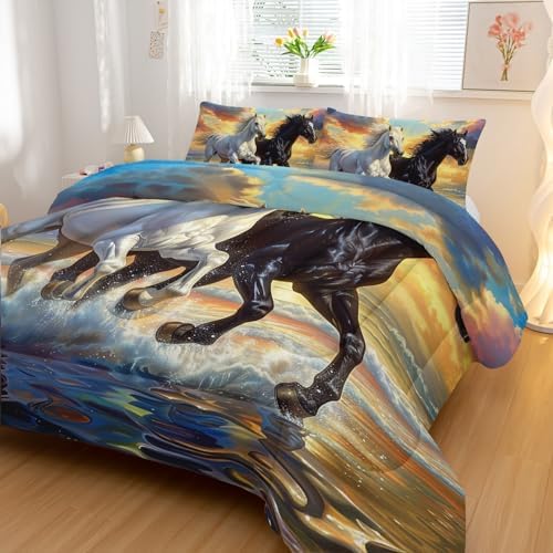 Nttopship Horse Comforter Set Twin Size 3 Pcs,Horses Animal 3 Pcs Bedding for Adults, Horse Theme Bedding Set,3D Wild Animal Room Decor with 2 Pillowcases