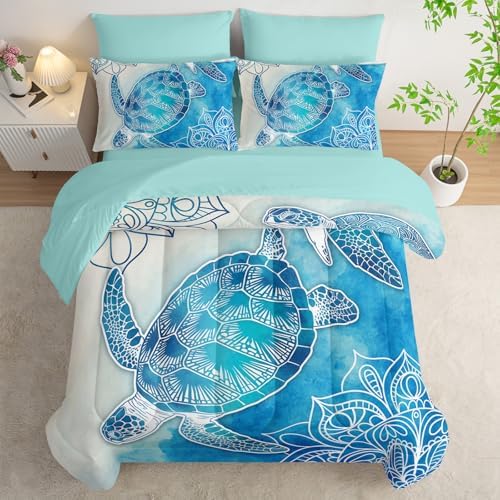 HOSIMA 7Pcs Sea Turtle Full Comforter Set Ocean Themed Animal Bedding.