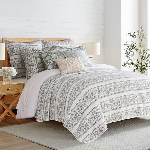Levtex Home Adare Sage Reversible King/Cal King Quilt Set (106x92in) with 2 Pillow Shams (36x20in) - Floral Bedding - Sage White - Cotton King Size Quilt Bedding Set - Lightweight, Soft, Pre-Washed