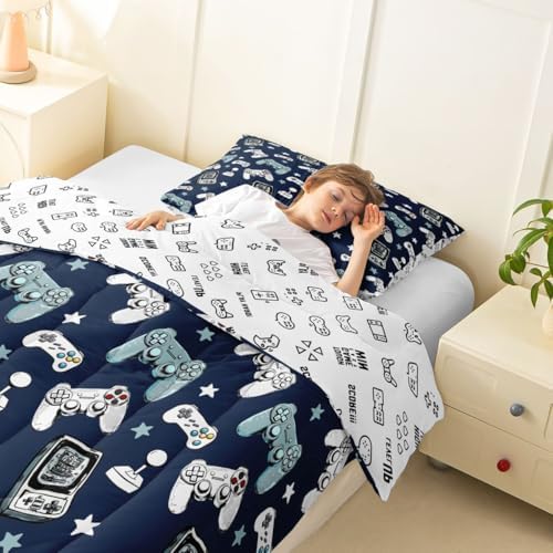 Castle Fairy Gamepad Comforter Set King Size,Video Gaming Blue Down Alternative Adults Bedroom Decor,Kids Games Consoles Ultra Soft Microfiber Inner Fill 3 Pcs Bedding
