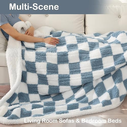 Electric Heated Blanket Full Size 72"×84" with 9 Heating Levels & 1-10Hs Auto Off, Checkered Plaid Double Sided Sherpa, Energy Efficient, Machine Washable, Couch & Bed, Gifts for Grandma- Light Blue