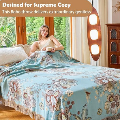VANJOROY Boho Throw Blanket 80" x 90", 100% Organic Cotton Breathable Skin-Friendly Ultra Soft Bed Quilt Blue Throw - Floral Rustic Decor Luxury Reversible Blanket for Sofa Couch Chair and Gift,